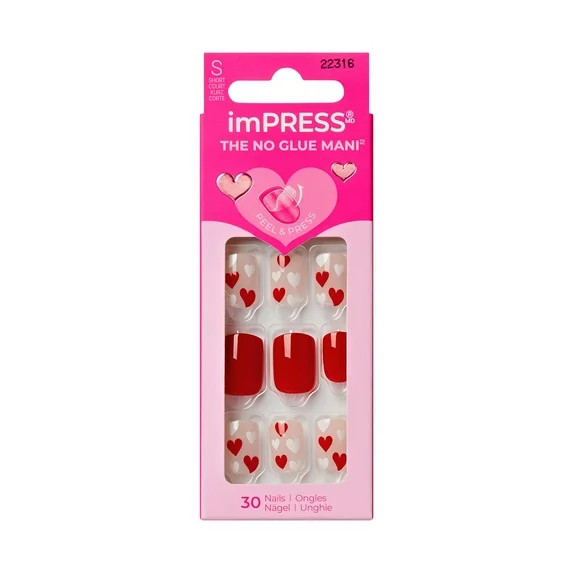 KISS imPRESS Valentine’s Day Press On Nails, Kiss to Remember, Short Squoval, 30 Count | Walmart (US)
