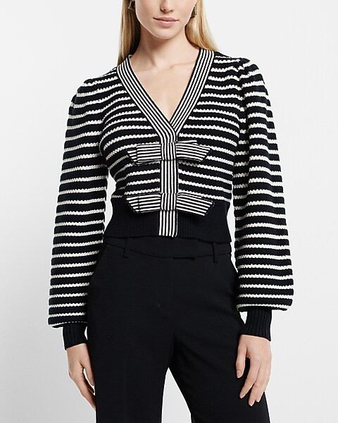 Striped V-Neck Bow Button Front Cardigan | Express