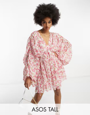 ASOS DESIGN Tall micro pleated batwing trapeze mini dress in pink floral | ASOS | ASOS (Global)