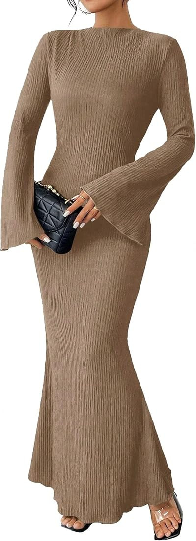 Narecte Fall Dresses for Women 2024 Maxi Dresses Solid Color Boho Dresses Flare Sleeve Dress Body... | Amazon (US)