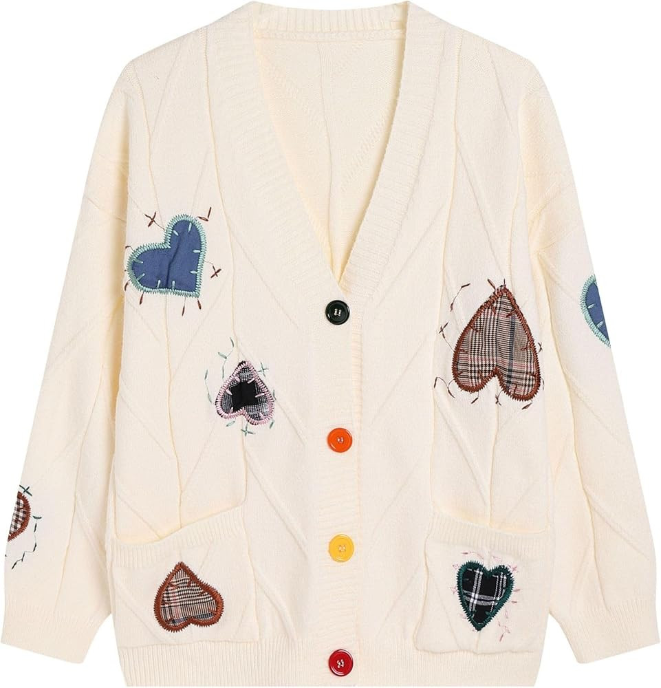 FindThy Women's Embroidered Heart Cardigan Sweater Button-Down Knitted Graphic Cardigan Coat Y2K ... | Amazon (US)