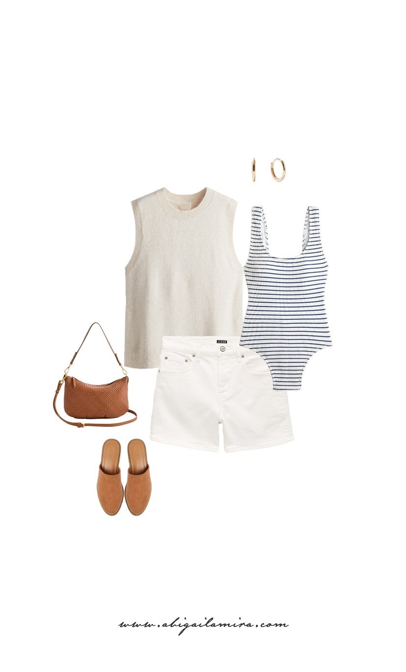 WHAT I'M WEARING WEDNESDAY 07/01/2026
This outfit makes dressing effortless: crisp white denim shorts with timeless navy stripes create a polished yet relaxed look. The lightweight knit vest adds a layer perfect for warmer days, while rich Cognac accessories complete the ensemble. Ideal for everything from a coffee run to an afternoon by the water, this simple and classic combination is bound to be a go-to all season long. See the full post on the blog!

#LTKstyletip #LTKswimwear #LTKsummer