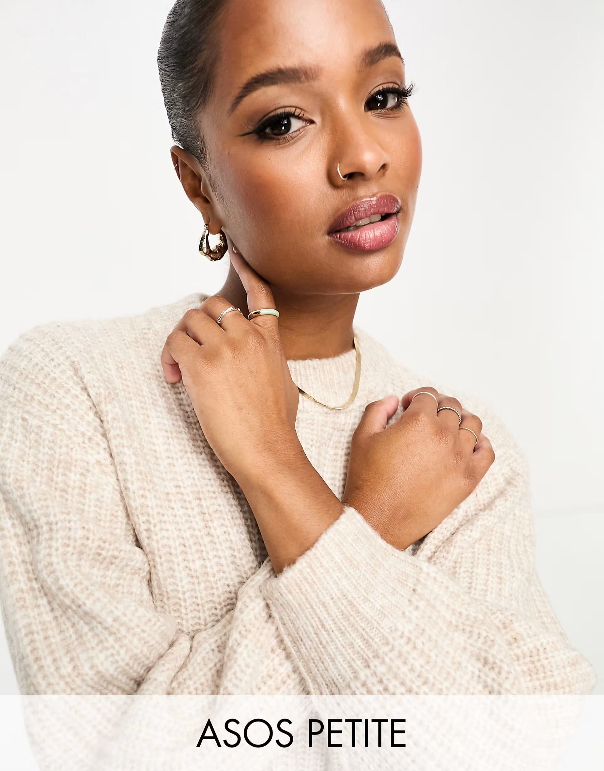 ASOS DESIGN Petite fluffy rib sweater with crew neck in oatmeal | ASOS (Global)