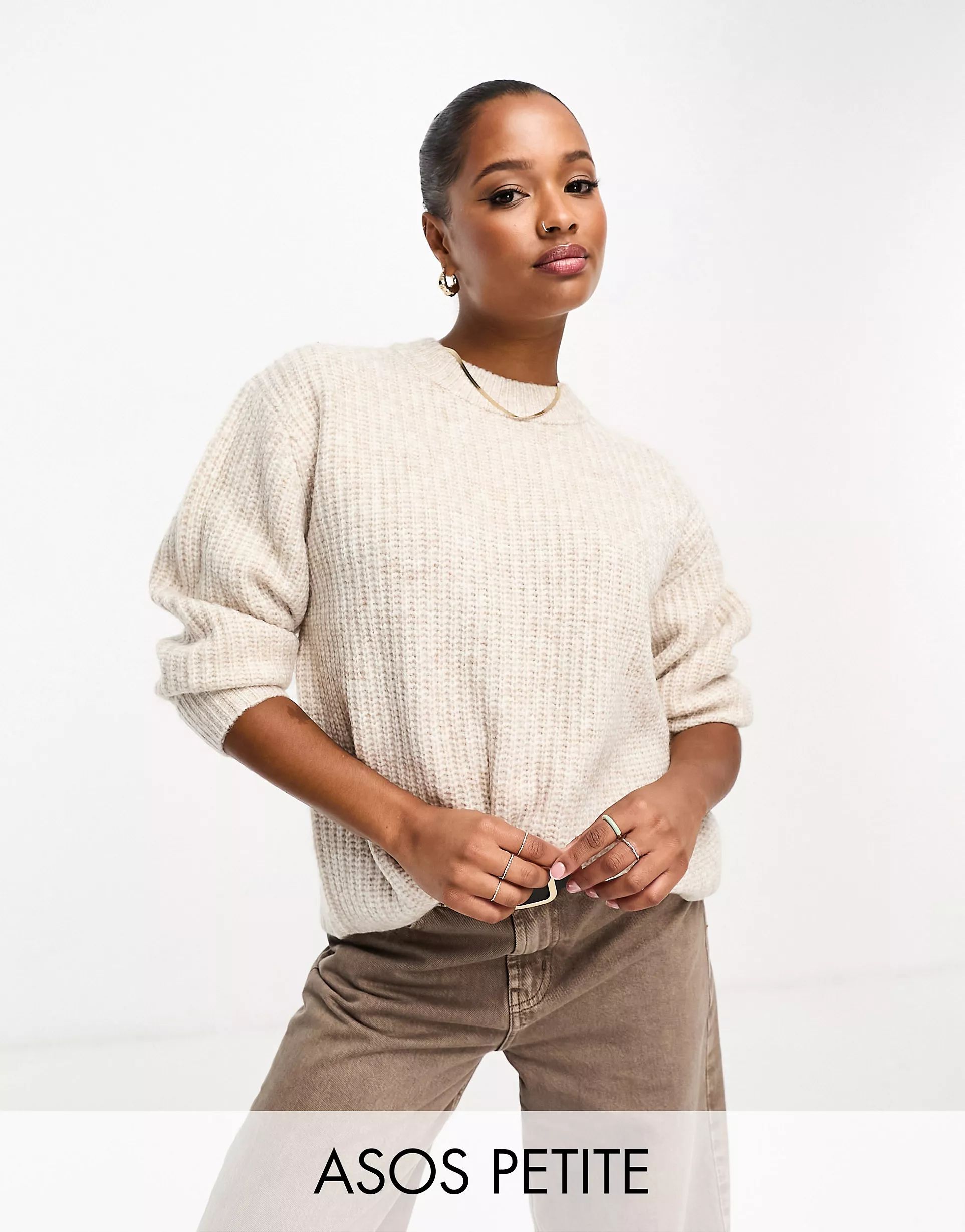 ASOS DESIGN Petite fluffy rib sweater with crew neck in oatmeal | ASOS (Global)