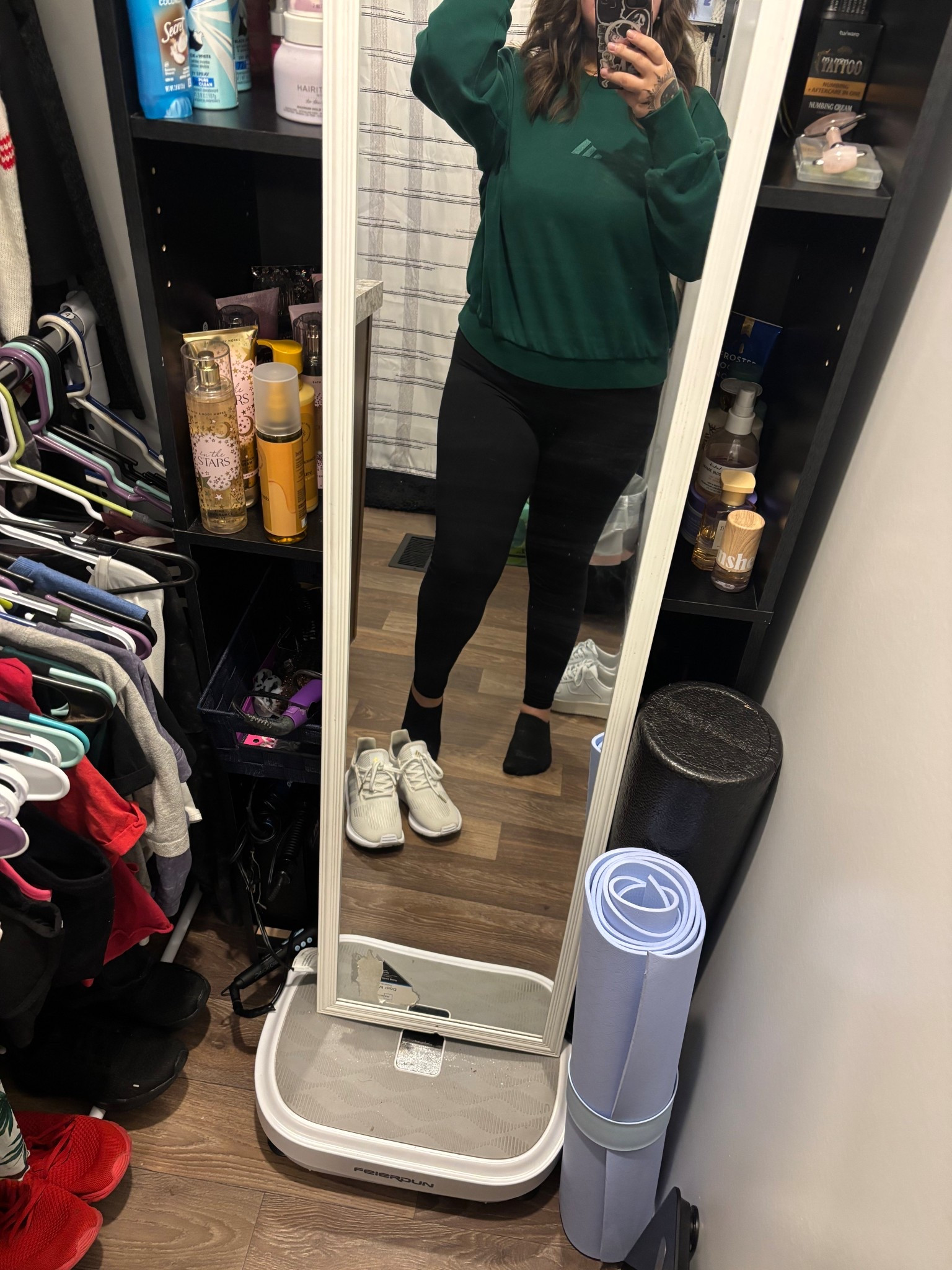 My outfit for the day. I absolutely love this color green it’s my favorite so when I saw it at academy i just about screamed. No I didn’t buy it right away but I did eventually! Leggings are from Amazon socks are Walmart lol so is my bra/tank under the sweatshirt ❤️ Shoes I grabbed from academy also🥰

#LTKootd #LTKgrwm #LTKActive