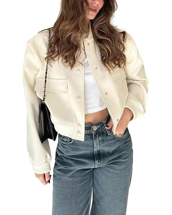 imbpceu Women Bomber Jacket Casual Long Sleeve Button Down Varsity Jackets with Pockets | Amazon (US)