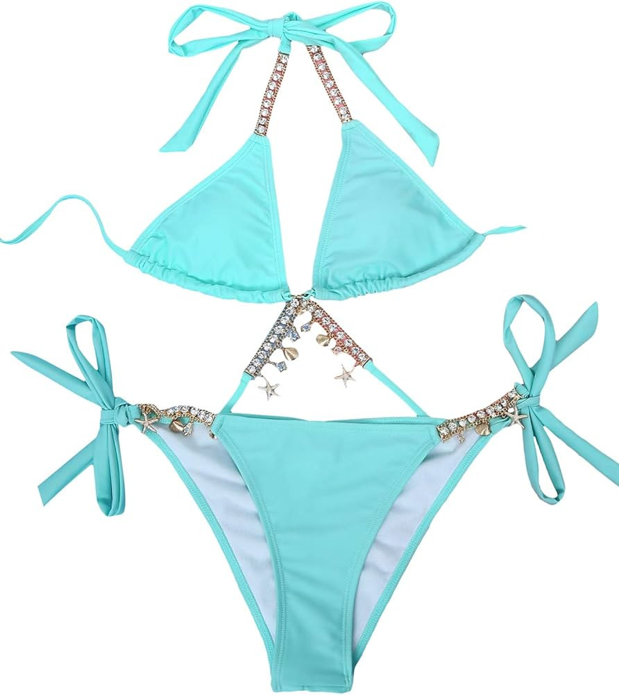 SOLY HUX Women's Floral Print Bikini Sets Halter Tie Side Triangle Sexy Swimsuits | Amazon (US)