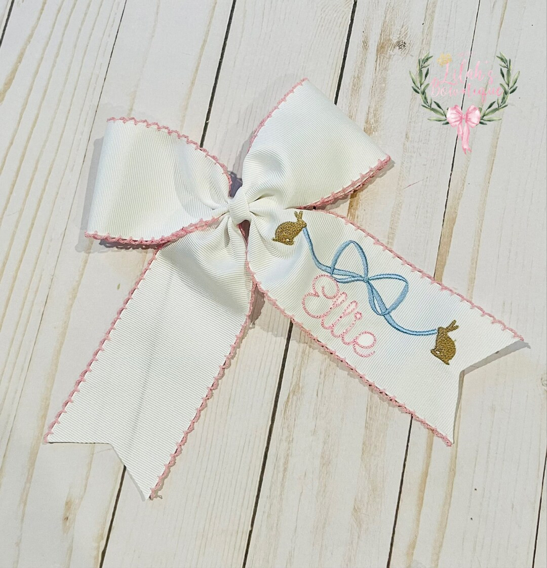 Custom embroidered Personalized ribbon & bunny moonstitch ribbon Easter hair bow | Etsy (US)
