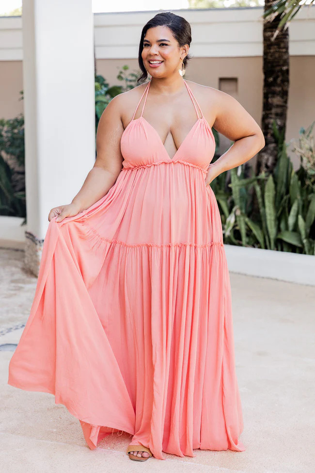 Daybreak Skyline Coral Halter Maxi Dress | The Pink Lily Boutique