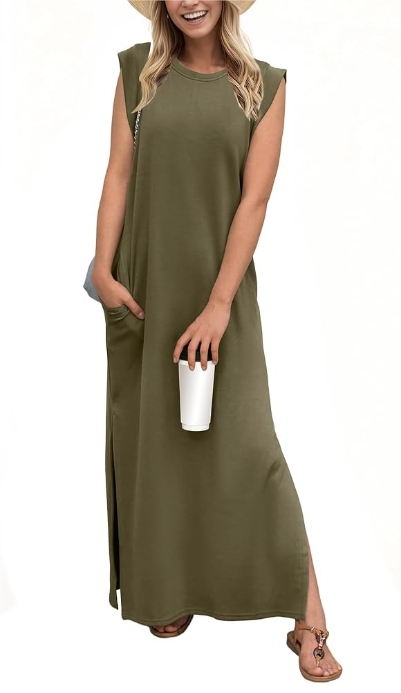 GRECERELLE 2025 Women Year-Round Casual Round Neck Loose Split Wrinkle-Free Long Maxi Vacation Dr... | Amazon (US)