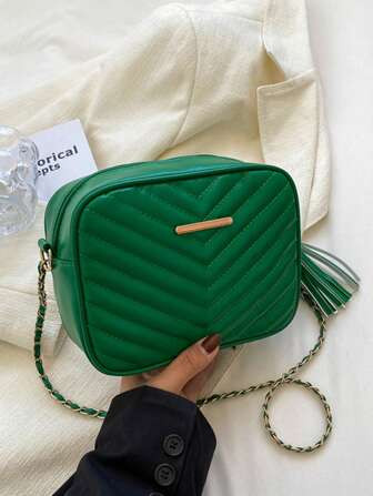 Mini Vierkante Tas Chevron Tassel Decor PU Groen | SHEIN