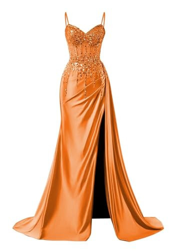 Sexy Beaded Orange Prom Dresses Long with Slit Spaghetti Strap Lace Applique Satin Mermaid Prom Dresses for Women Size 4 | Amazon (US)
