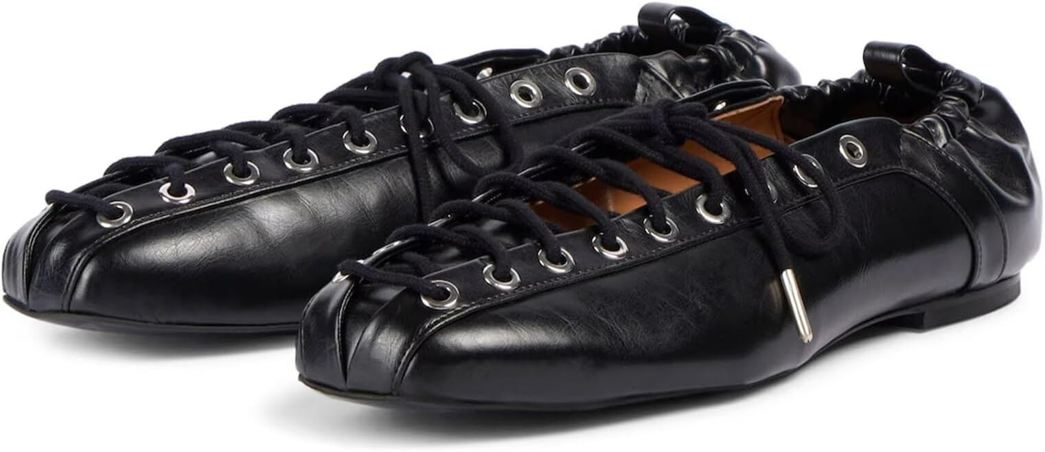 Agodor Lace-Up Ballet Flats Leather Ballerina Flat for Women Slip on Square Round Closed Toe Comf... | Amazon (US)