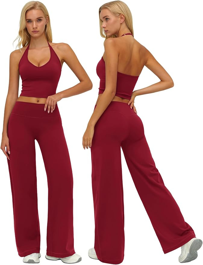 AGYMNX Women's Yoga Outfits Compression Halter Tank Top and Butt-lifting Leggings Wide Leg Pants ... | Amazon (US)