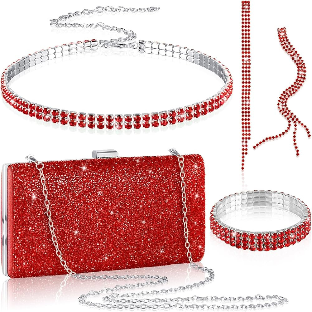 Kigeli 4 Pieces Women Rhinestone Evening Clutch Bag Bling Earring Necklace Bracelet for Wedding F... | Amazon (US)