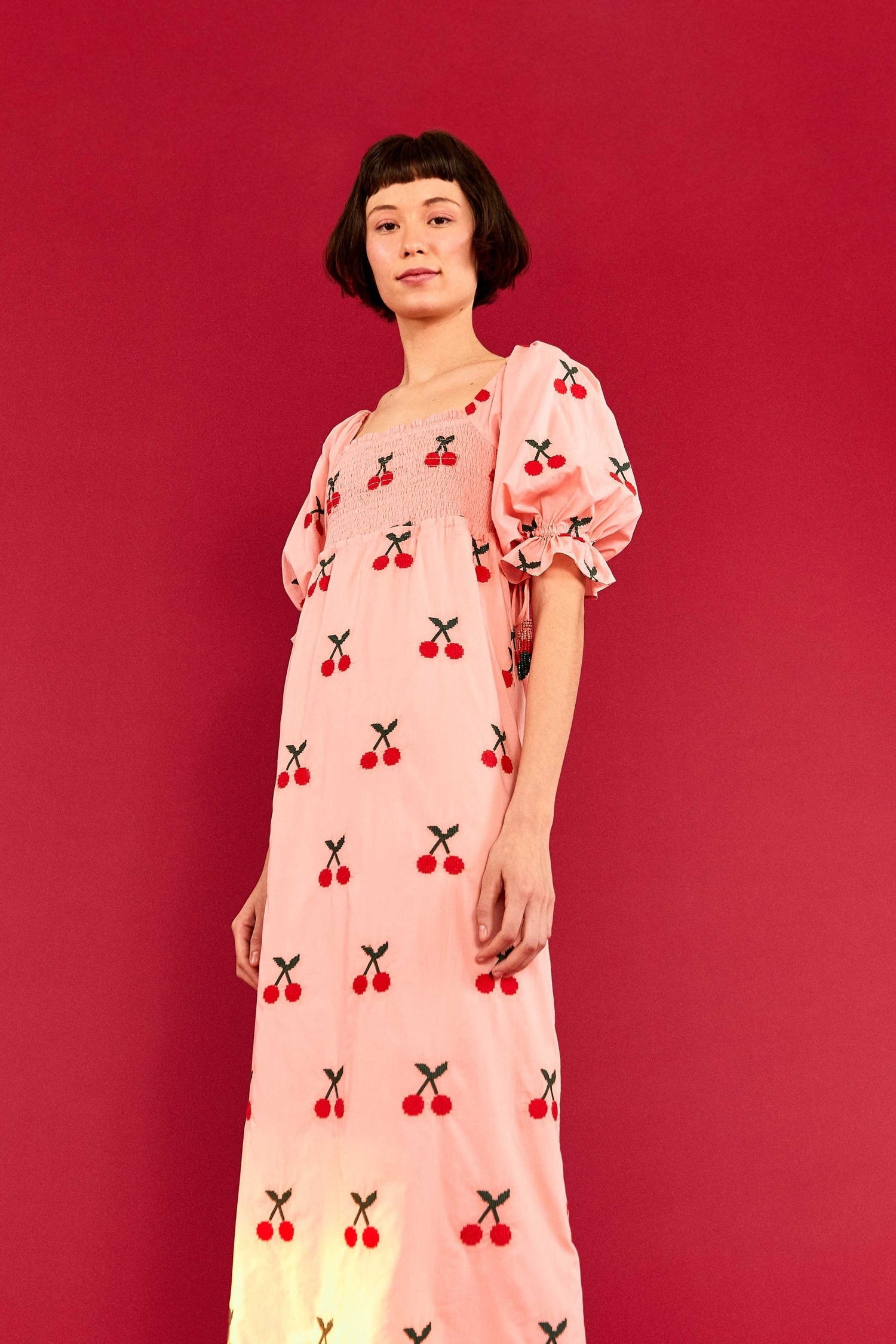 CHERRY MIDI DRESS | Cross Stitch Print | Pink | FarmRio (US)