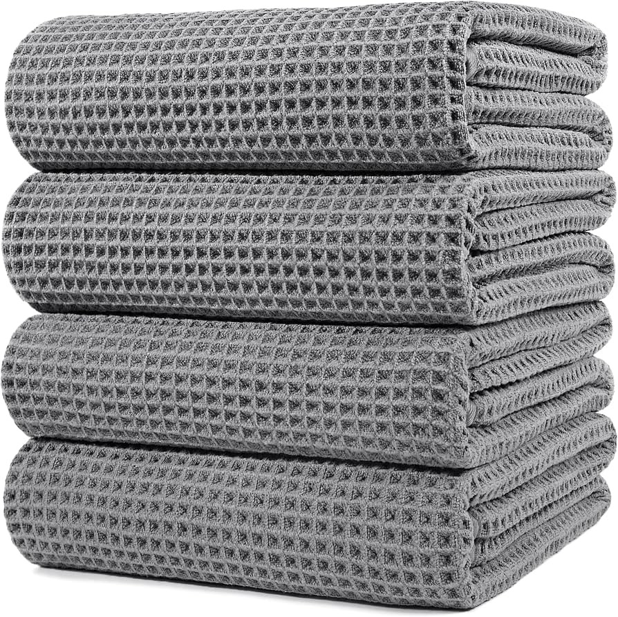 POLYTE Microfiber Oversize Quick Dry Lint Free Bath Towel, 60 x 30 in, 4 Pack (Gray, Waffle Weave... | Amazon (US)