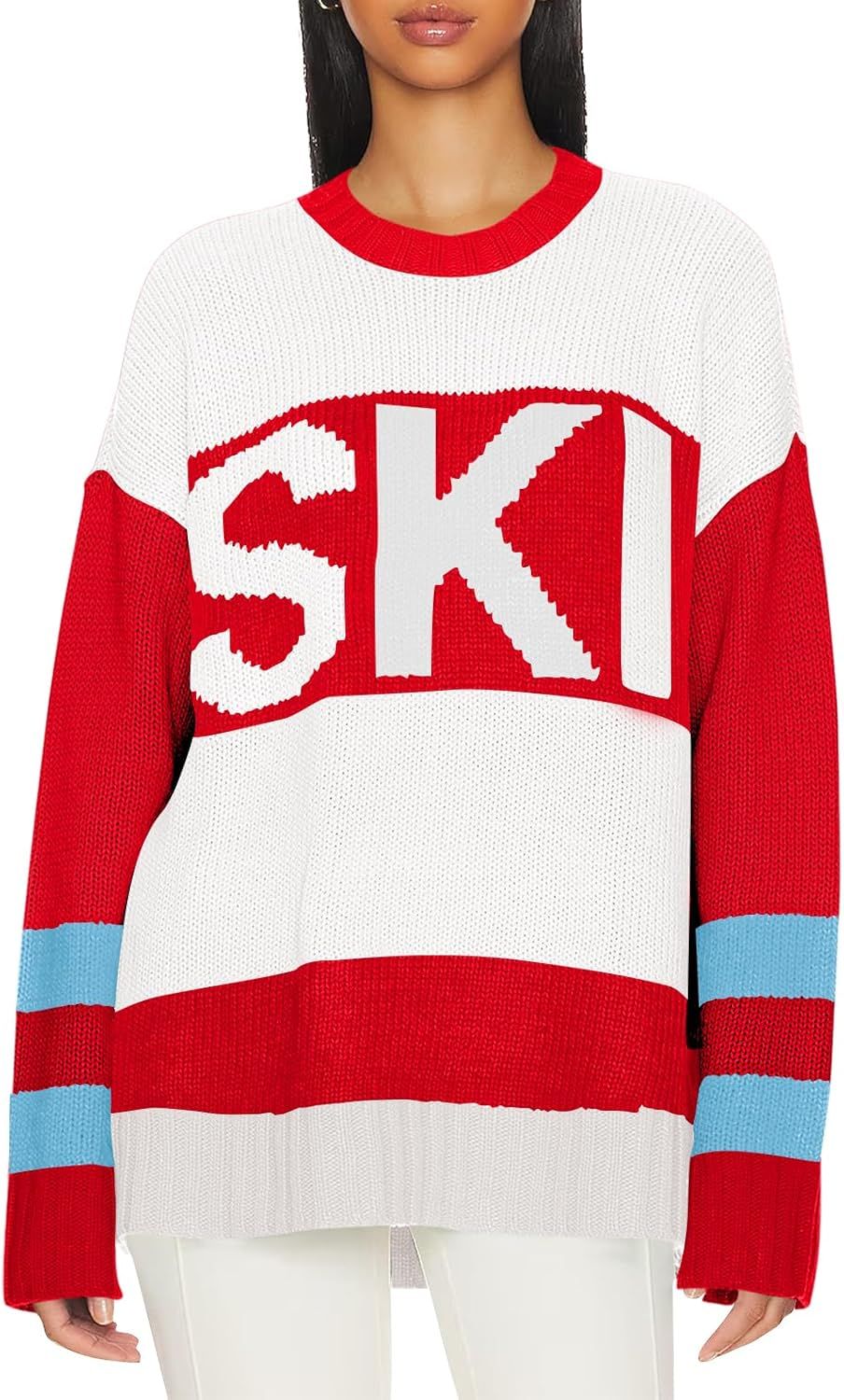 Saodimallsu Womens Color Block Oversized Sweater Ski Print Fall Trendy Crew Neck Long Sleeve Pull... | Amazon (US)