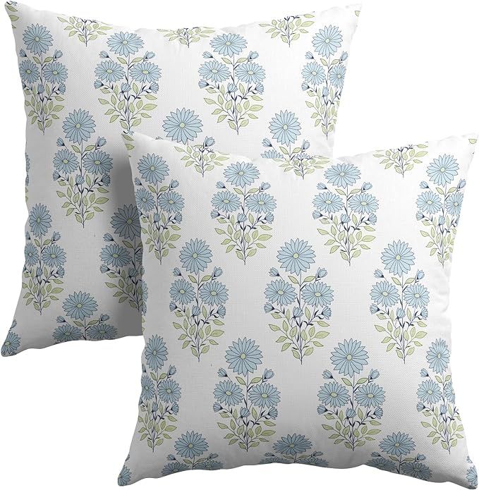 Blue Floral Pillow Covers 18x18 Inch Set of 2 Blue White Flower Spring Summer Outdoor Decorative ... | Amazon (US)