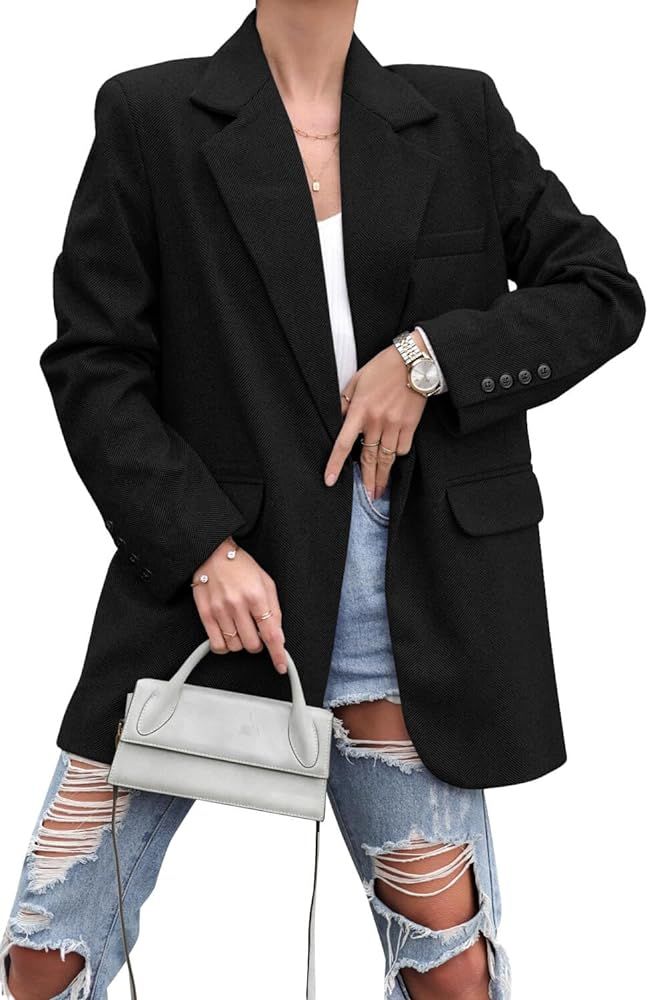 FSHAOES Women's Casual Lapel Coats Long Sleeve Oversized Solid Blazers Work Office Jacket | Amazon (US)