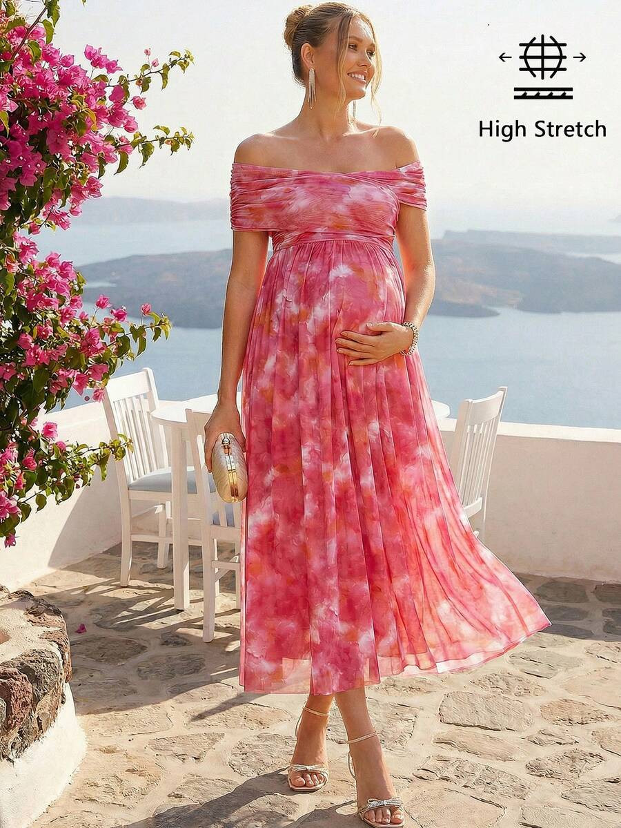 SHEIN Loomaby Pregnant Women's Elegant Tie-Dye Print Ruched Foldover Off Shoulder Dress, Suitable... | SHEIN