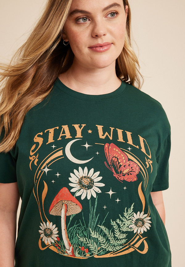 Plus Size Green Stay Wild Mushroom Boyfriend Graphic Tee | Maurices