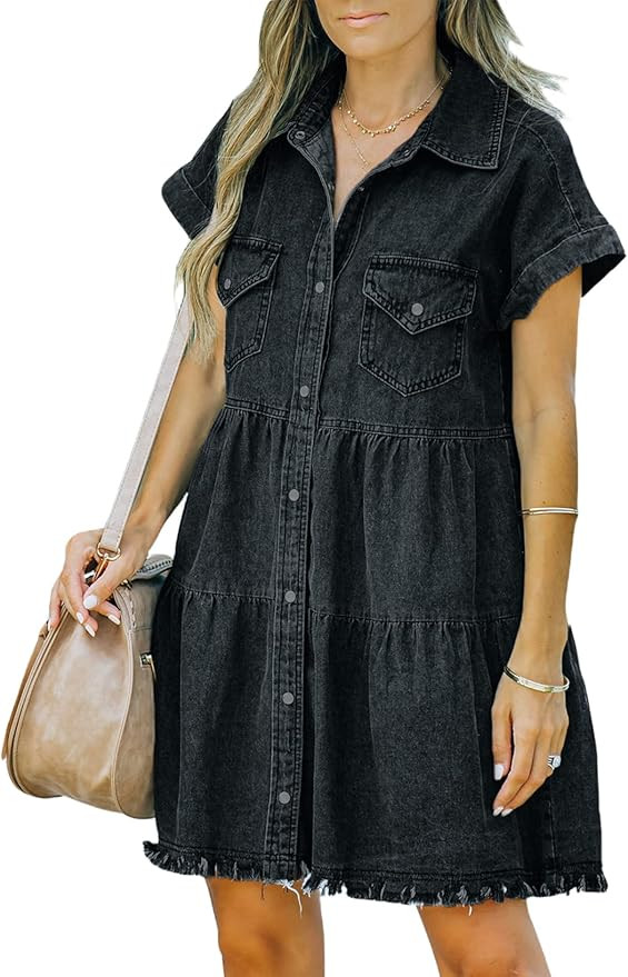 Sidefeel Womens Buttoned Frayed Pocket Short Sleeve Denim Jean Dresses | Amazon (US)