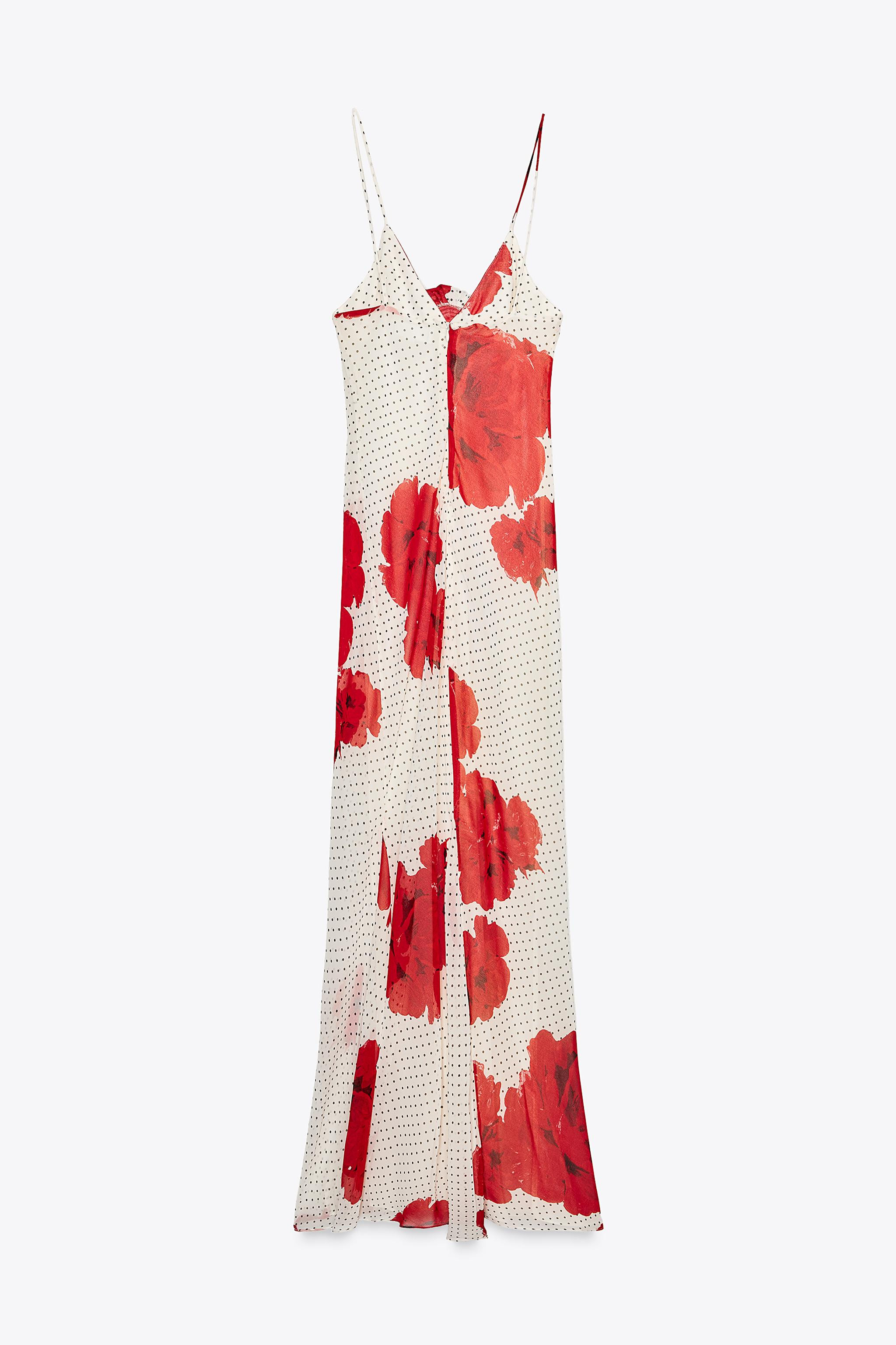 Long V-neck dress with thin straps. 3D flower detail on the chest. Matching inner lining. Back hi... | Zara US
