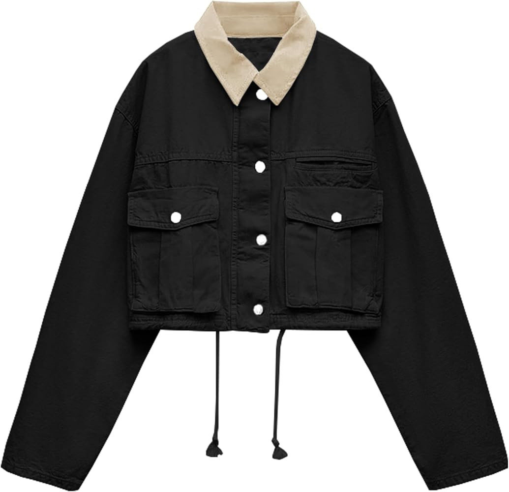 Womens Cropped Jacket Contrast Collar Utility Coat Cargo Jacket Barn Jacket Outwear with Pockets | Amazon (US)