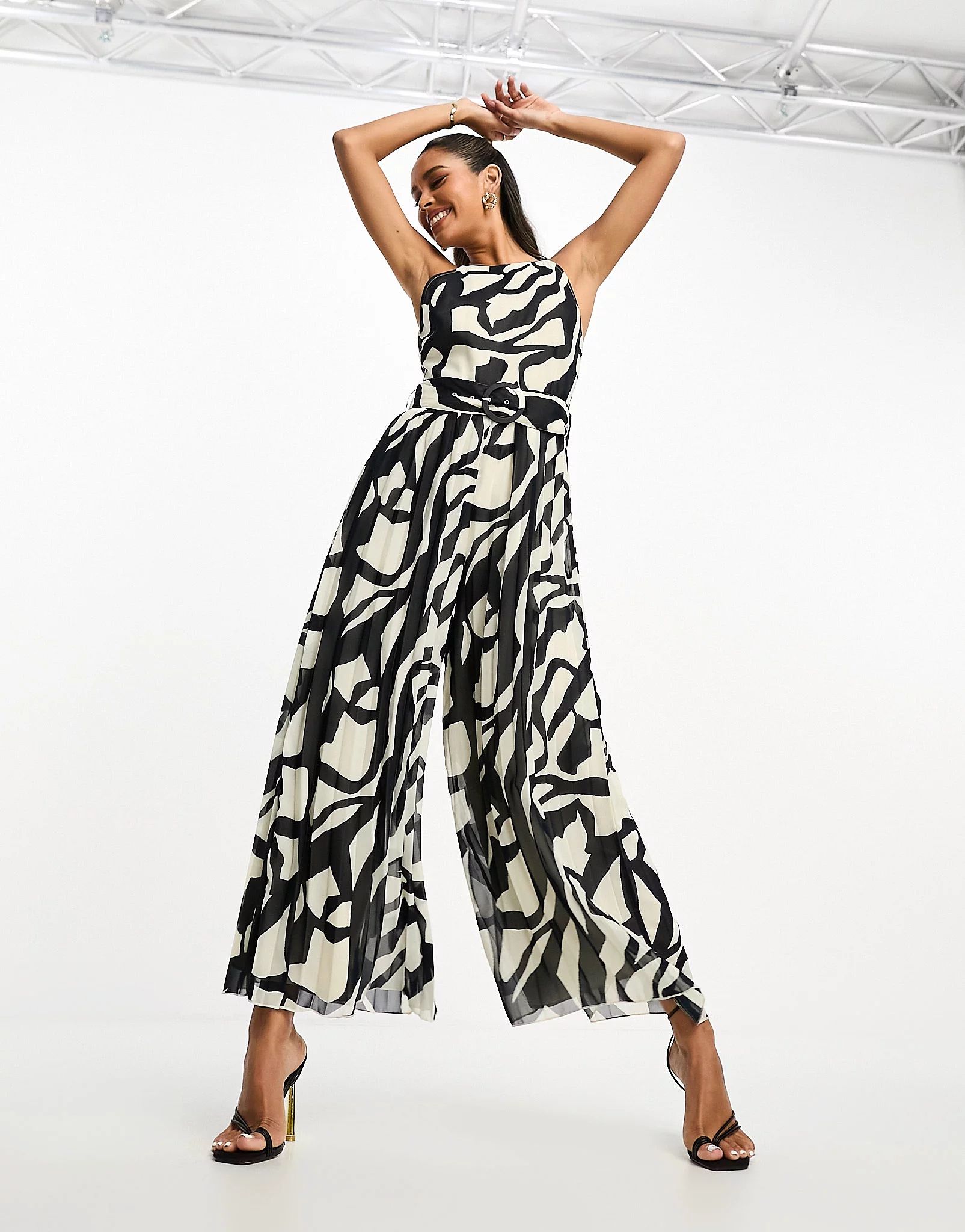 ASOS DESIGN pleated culotte jumpsuit with belt in mono abstract | ASOS (Global)