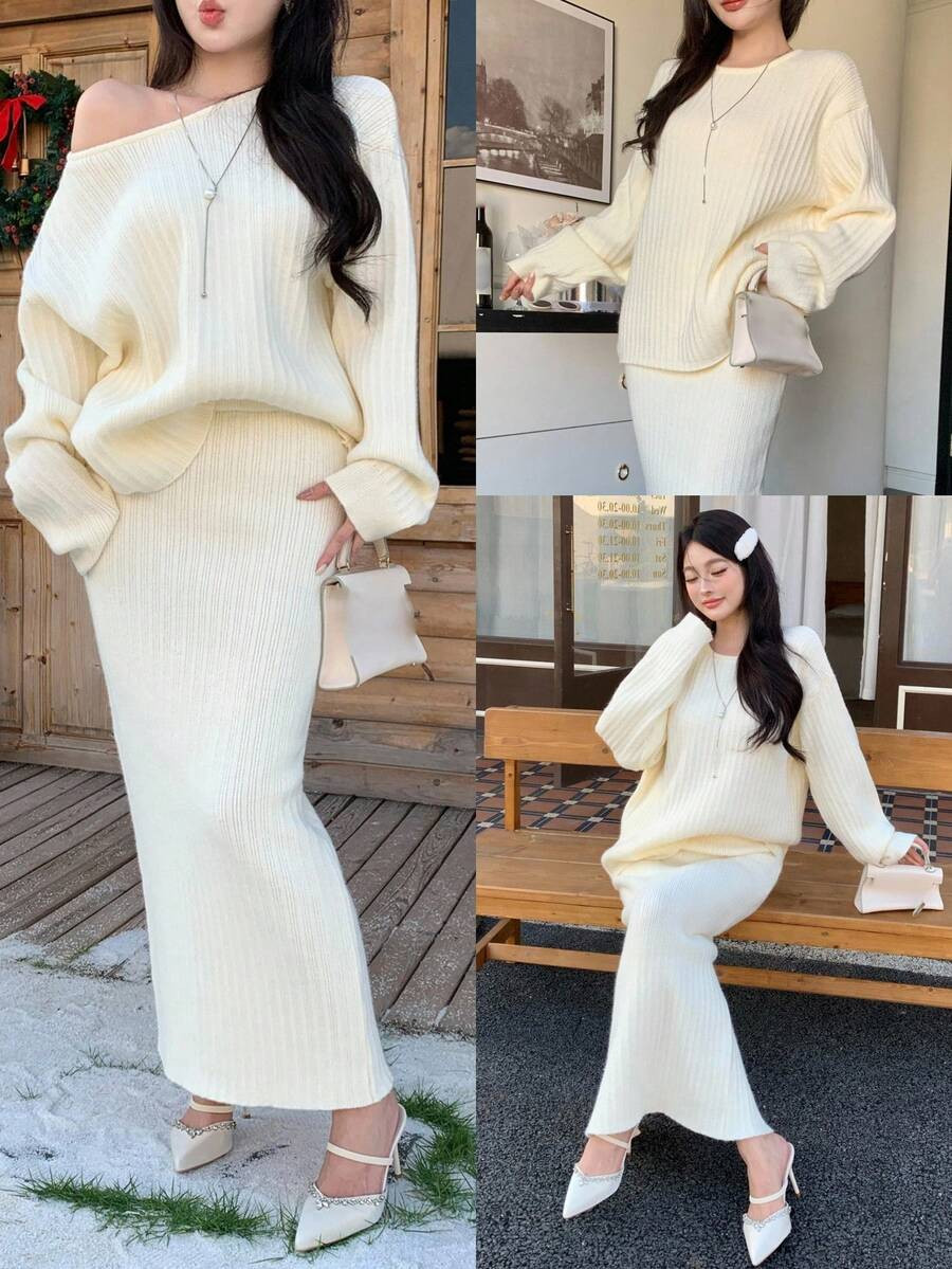 DAZY Women's Elegant Knitted Sweater And Skirt 2 Pieces Set, Suitable For Autumn/Winter, New Year... | SHEIN