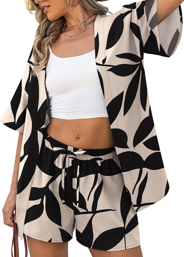VERABENDI 2 Piece Tropical Print Beach Cover Up Set – Kimono Top & Elastic Waist Shorts, Vacati... | Amazon (US)