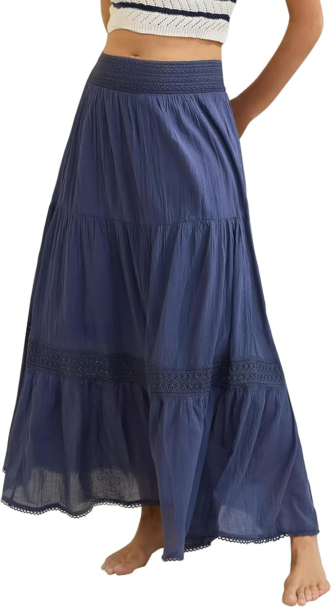 Gacaky Women’s Summer Boho Flowy Swing Tiered A-Line Maxi Skirts 2025 Fashion Trendy Lace Elast... | Amazon (US)