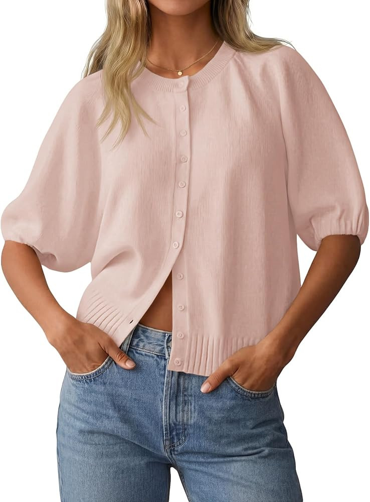 Saodimallsu Womens Puff Half Sleeve Cardigan Lightweight Knit 2026 Spring Summer Crew Neck Button... | Amazon (US)