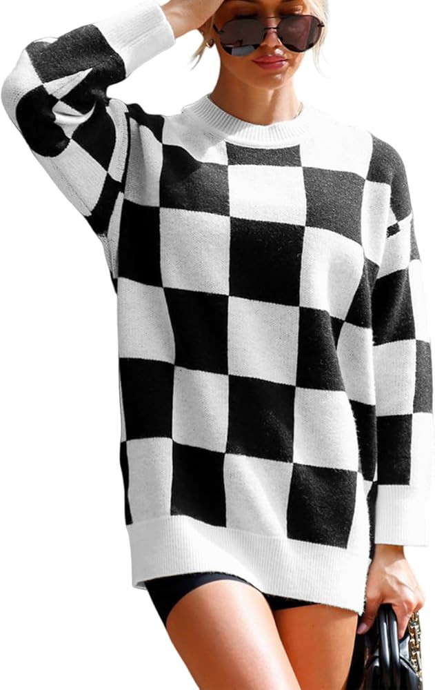 Dokotoo Womens Sweater Dress Crewneck Casual Checkered Long Sleeve Cable Knit Pullover Sweaters | Amazon (US)