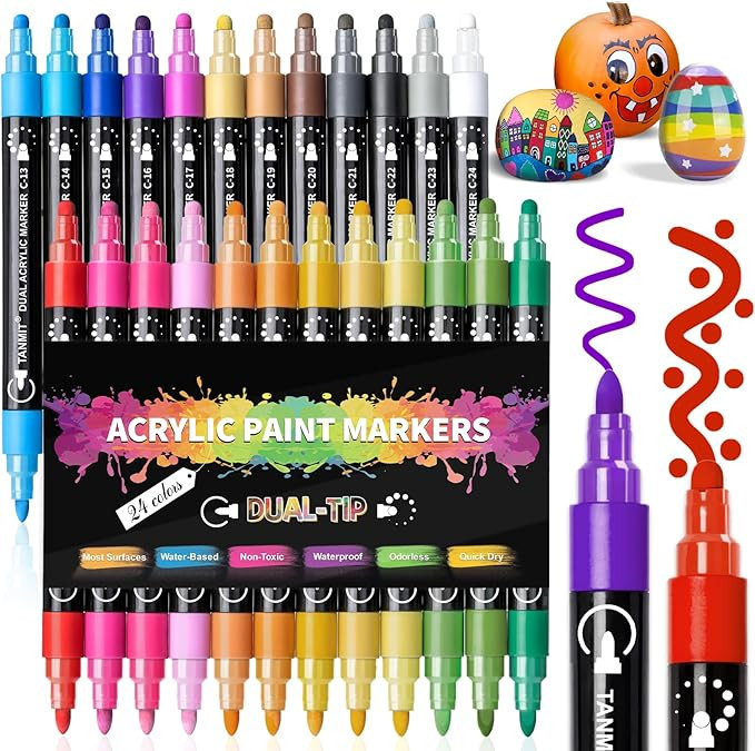 TANMIT 24 Colors Acrylic Paint Markers, Dual Tip Acrylic Paint Pens with Dot & Fine Tips For Fabr... | Amazon (US)