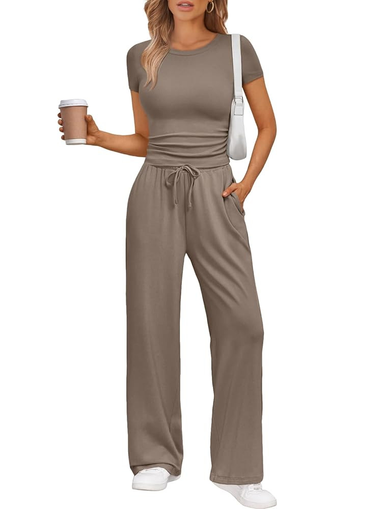 Trendy Queen 2 Piece Matching Summer Sweatsuit Lounge Set Womens Wide Leg Pants Side Ruching Crop... | Amazon (US)