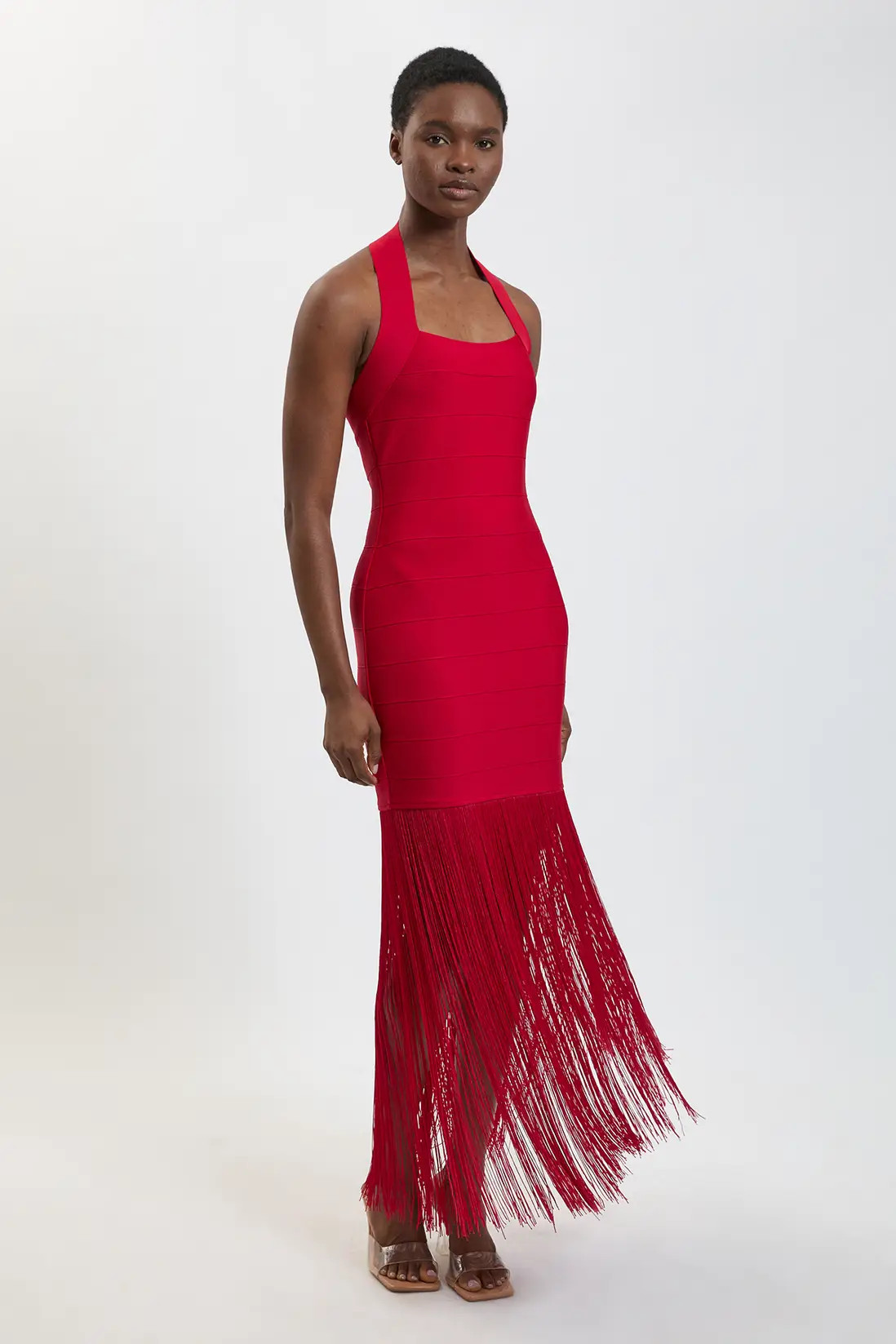 Figure Form Bandage Fringe Knit Halter Neck Midi Dress | Karen Millen