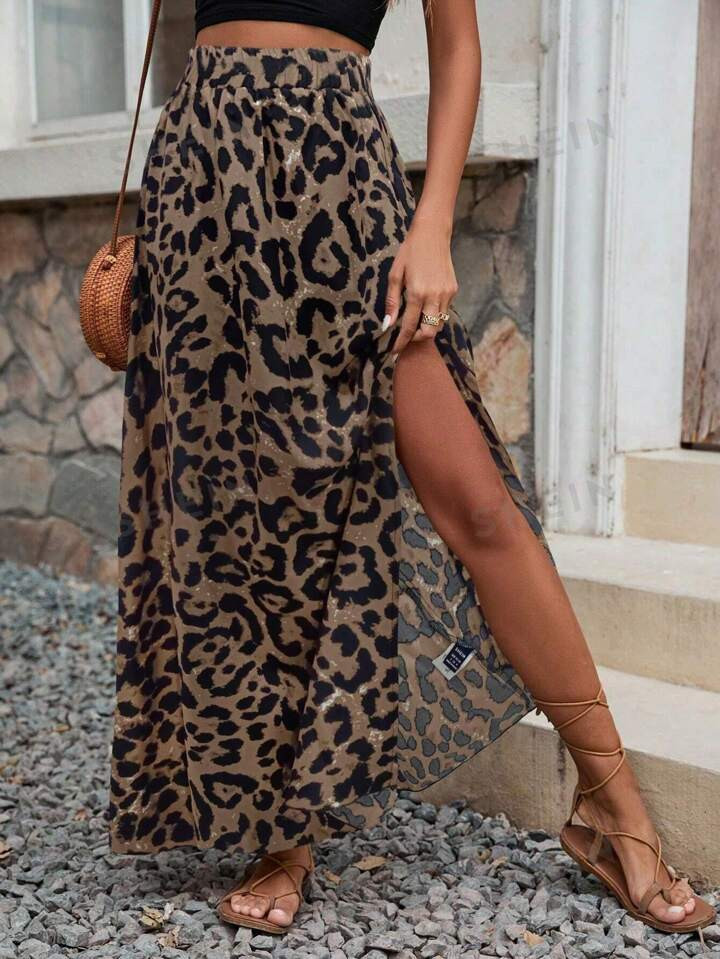 SHEIN Frenchy Women's High Waist Leopard Print Side Slit Holiday Skirt | SHEIN