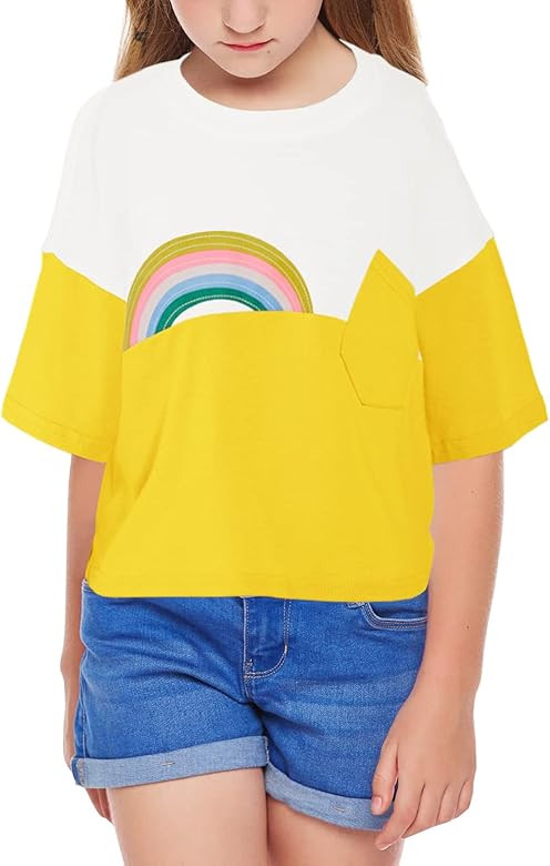 Ebifin Girls Color Block T-Shirt Rainbow Print Tops Round Neck Short Sleeve Tee | Amazon (US)