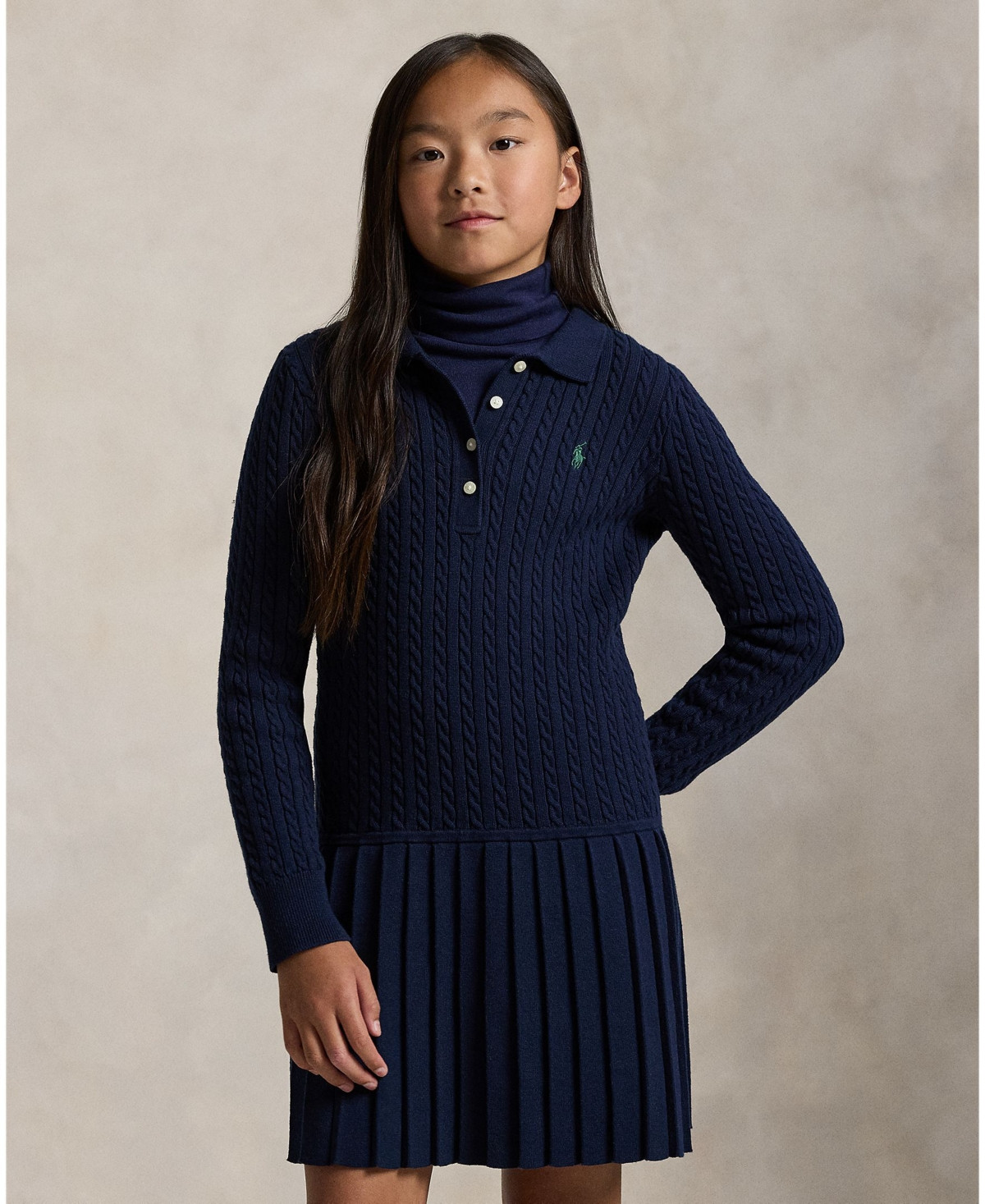 Polo Ralph Lauren Girls 7-16 Mini-Cable Long Sleeve Sweater Dress - Navy | Macy's