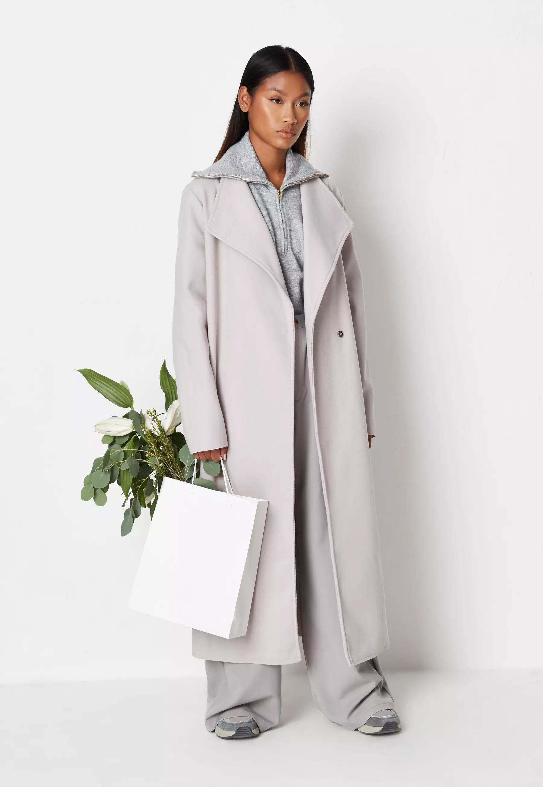 Missguided - Light Gray Self Belted Formal Coat | Missguided (US & CA)
