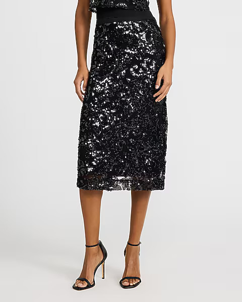 High Waisted Printed Sequin Midi Skirt | Express