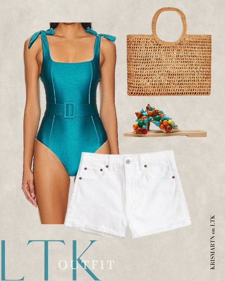 Vibrant Deep Blue Buckle Swimsuit One Piece Wicker Bag White Shorts Multi Colored Beaded Sandals For Summer 

#LTKshoecrush #LTKSpringSale #LTKtravel