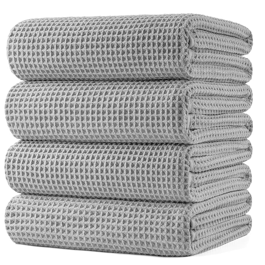 POLYTE Microfiber Oversize Quick Dry Lint Free Bath Towel, 60 x 30 in, 4 Pack (Light Gray, Waffle... | Amazon (US)