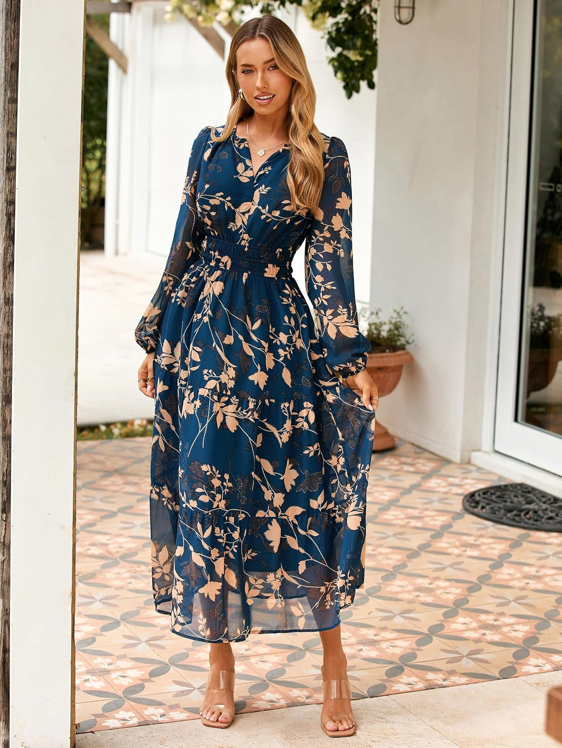 Simplee Women's Floral Boho Long Sleeve Maxi Dress V Neck Empire Waist Swing Flowy Wedding Guest Dress | Amazon (US)