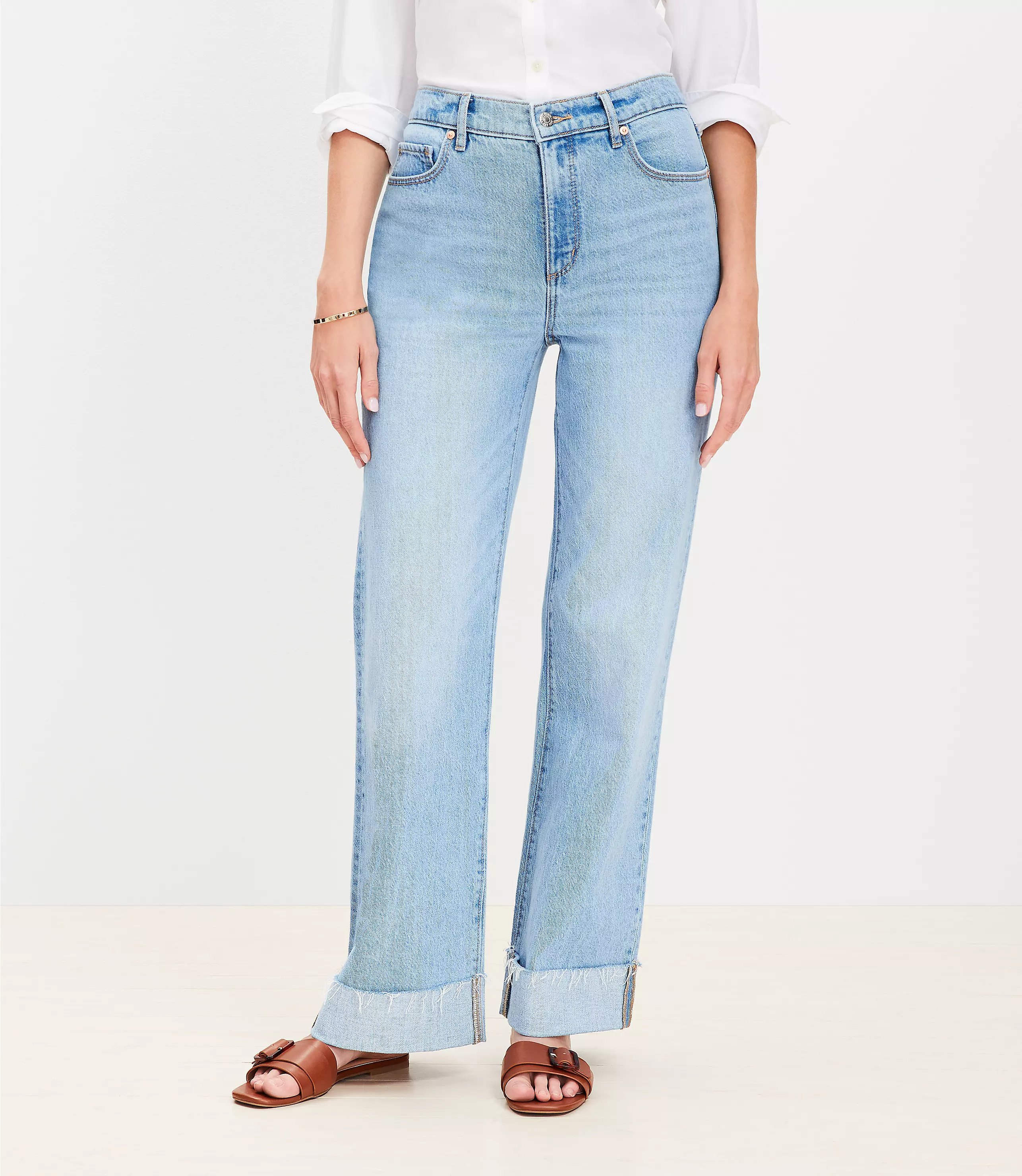 Curvy Flip Cuff High Rise Wide Leg Jeans in Light Wash | LOFT