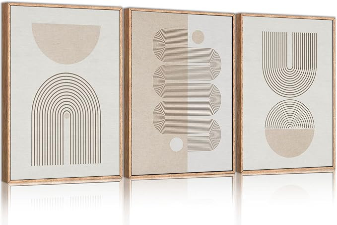 CHDITB Boho Framed Canvas Wall Art Set, Beige Bohemian Line Wall Decor, Mid-Century Modern Wall P... | Amazon (US)