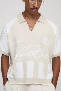 Oversized Boxy Football Jacquard Knitted Polo | boohoo (US & Canada)