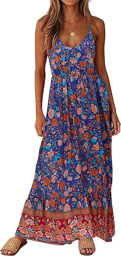 KIRUNDO Women's 2024 Summer Boho Floral Spaghetti Strap Maxi Dress V Neck High Waist Backless Flo... | Amazon (US)